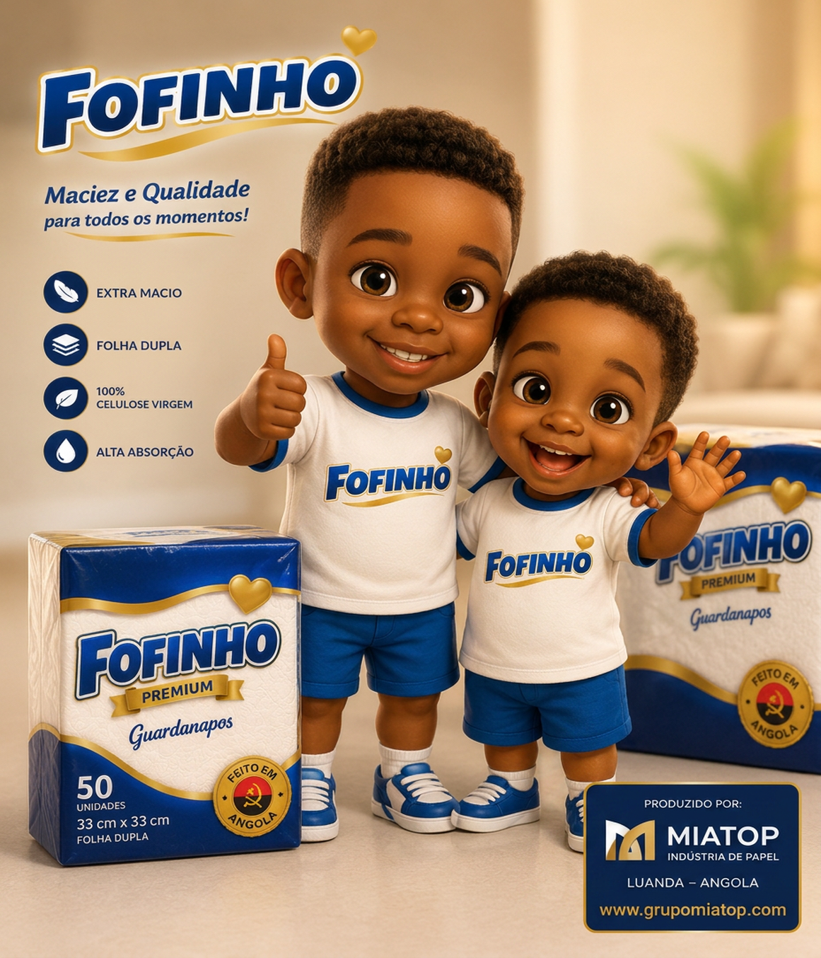Mascotes Fofinho ao lado de embalagens de guardanapos Fofinho Premium