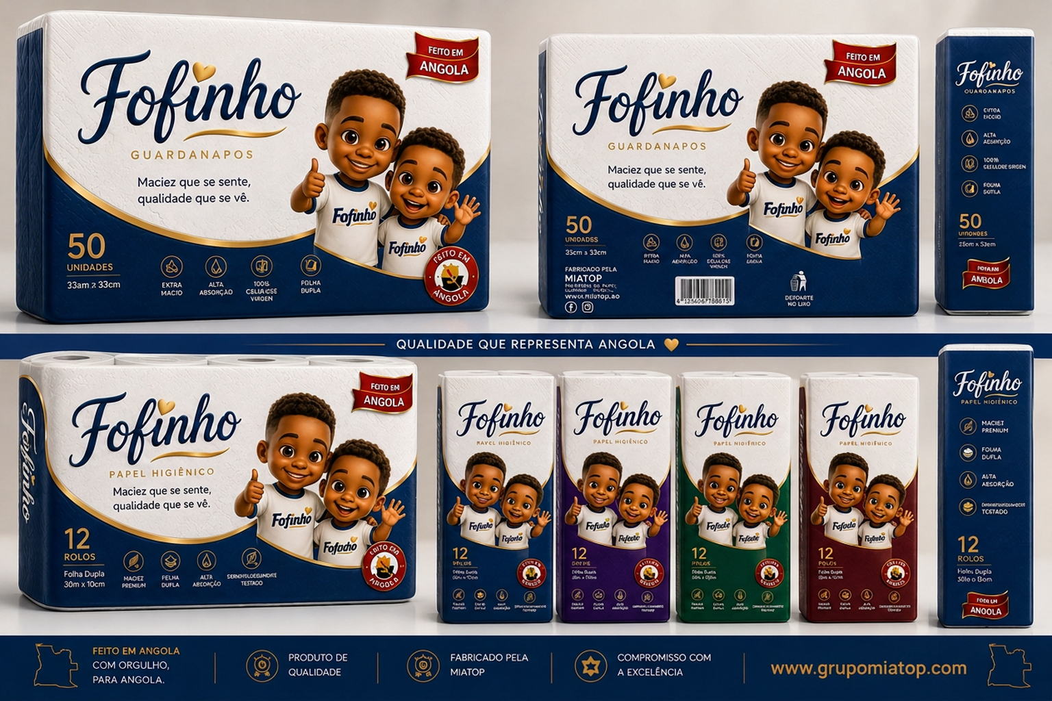 Linha completa de embalagens Fofinho: guardanapos e papel higiénico